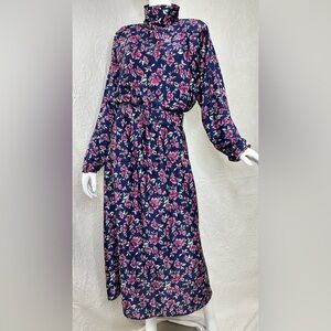 Talbots VTG 80s Floral Satin Turtleneck Long Sleeve Midi Dress w/Matching Belt
